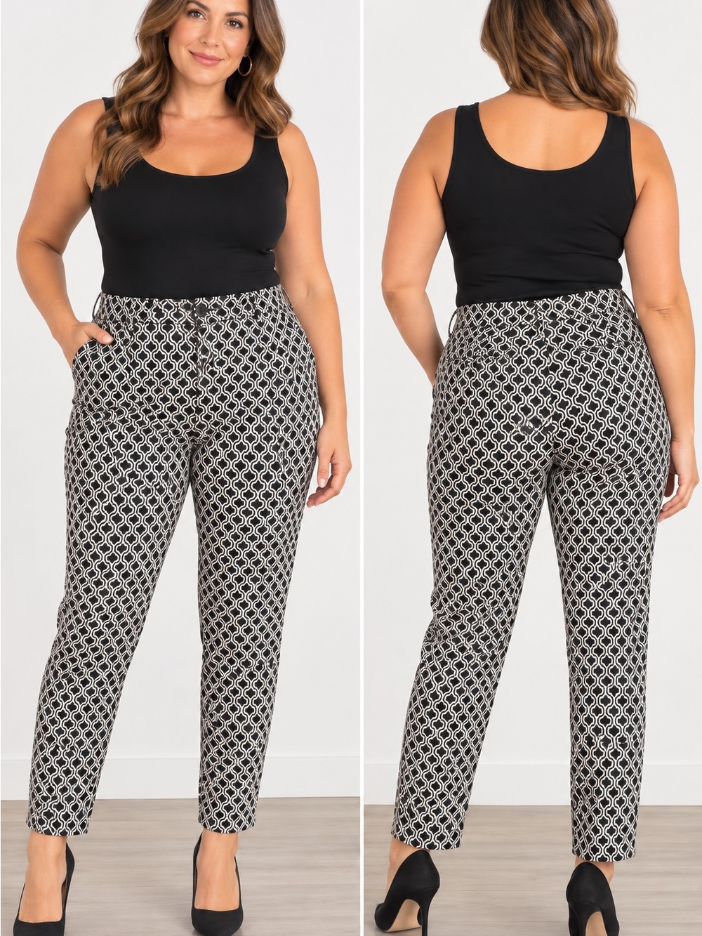 Dalia Size 12 Black & White Geometric Print Stretch Ankle Pants